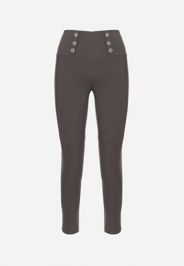 Born2be - Szare Legginsy z Wysokim Stanem Ozdobione Guzikami Kolithra. Okazja: na co dzień, do pracy. Stan: podwyższony. Kolor: szary. Wzór: aplikacja. Styl: klasyczny, elegancki, casual