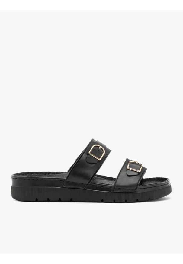 Ryłko - Czarne klapki damskie płaskie. Kolor: czarny. Materiał: skóra. Wzór: paski. Styl: street