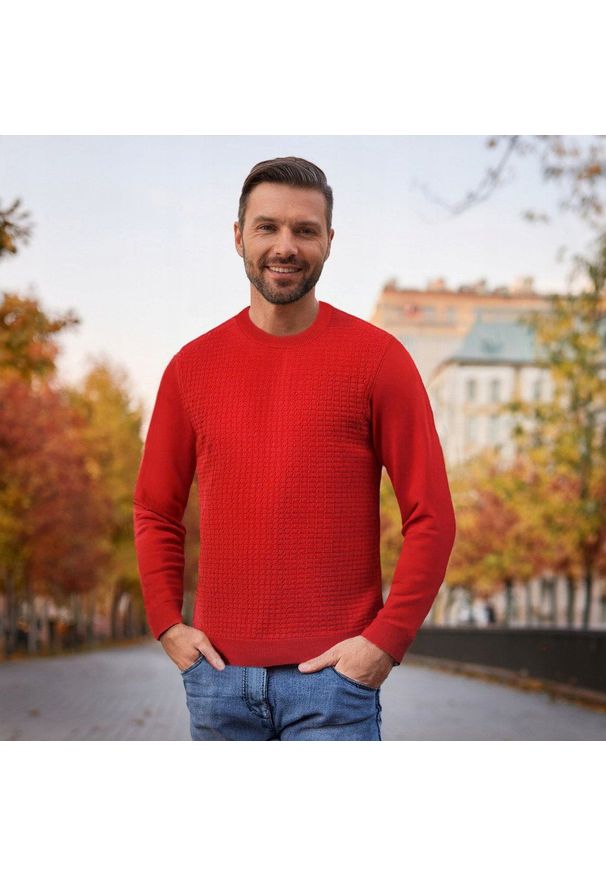 Bawełniany Sweter Męski, Okrągły Dekolt - Pako Jeans - Marmurkowa Faktura, Czerwony. Kolor: czerwony. Materiał: bawełna. Styl: klasyczny, elegancki
