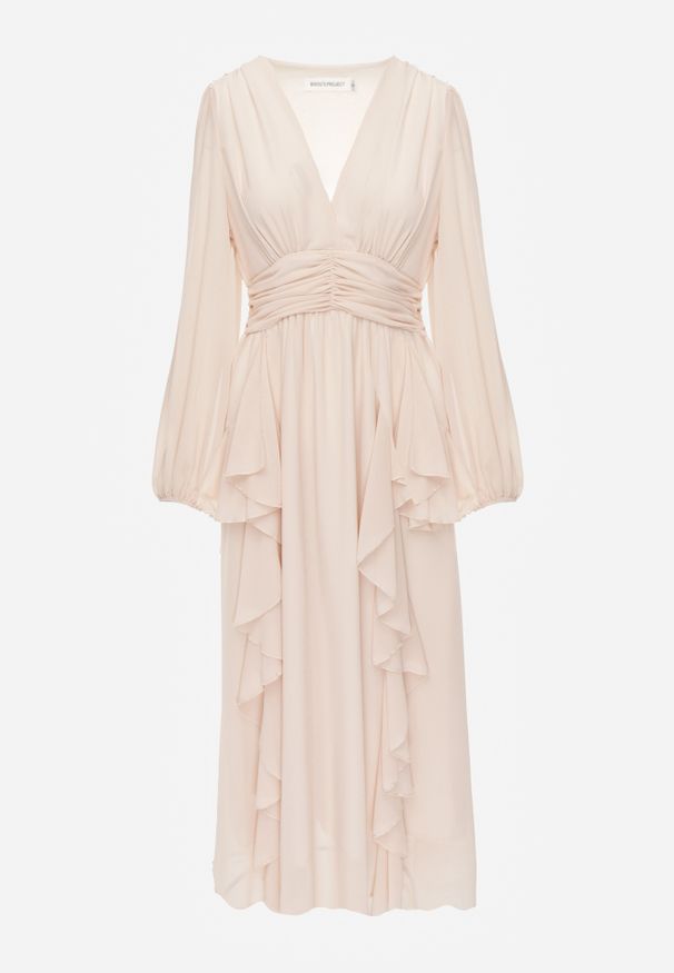 Renee - Beżowa Rustykalna Sukienka Wieczorowa z Falbanami i Marszczeniem w Talii Himereanes. Typ kołnierza: kołnierz z falbankami. Kolor: beżowy. Materiał: tkanina. Wzór: gładki, aplikacja. Typ sukienki: rozkloszowane. Styl: wizytowy