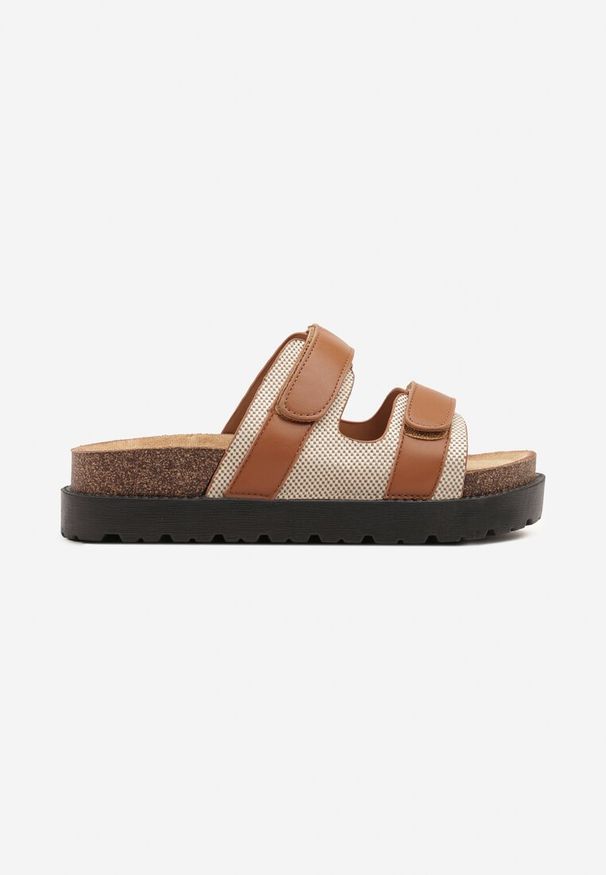 Renee - Brązowe Klapki z Dwoma Paskami na Rzep Julavira. Okazja: na plażę, na co dzień. Kolor: brązowy. Materiał: jeans. Wzór: ażurowy. Styl: elegancki, casual, klasyczny