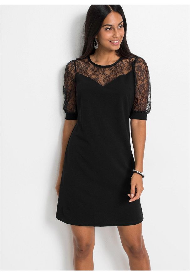bonprix - Sukienka mini. Kolor: czarny. Materiał: koronka. Styl: elegancki. Długość: mini