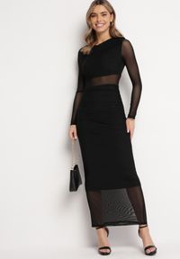 Born2be - Czarno-Beżowa Dopasowana Sukienka Maxi z Siateczki Stolisse. Okazja: na imprezę. Kolor: czarny. Materiał: wiskoza. Typ sukienki: proste. Styl: klasyczny, elegancki. Długość: maxi #7