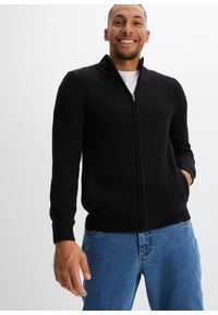 bonprix - Sweter rozpinany z dzianiny o zwartym splocie. Typ kołnierza: kołnierzyk stójkowy. Kolor: czarny. Materiał: dzianina. Wzór: ze splotem