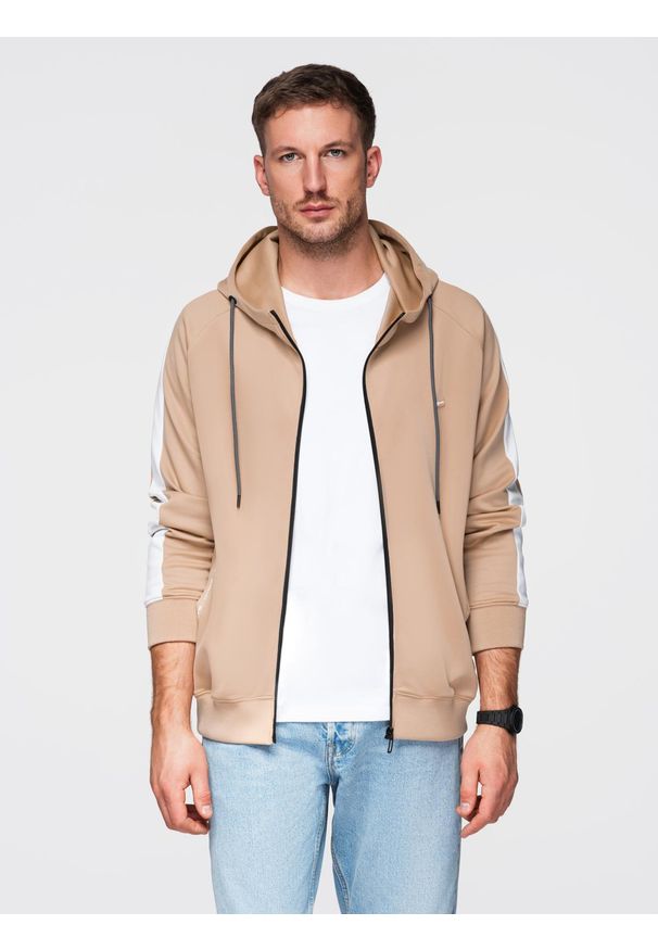 Ombre Clothing - Rozpinana męska bluza z kapturem i lampasami - beżowa V4 - Rozmiar: XL. Typ kołnierza: kaptur. Kolor: beżowy. Materiał: poliester, tkanina, dzianina, materiał, guma. Wzór: nadruk, aplikacja, gładki. Styl: retro, sportowy