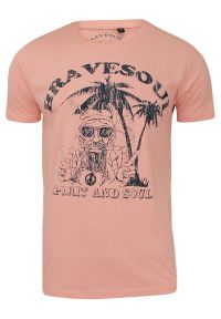 Męska, Różowa Koszulka (T-shirt) - Brave Soul - Hipis pod Palmą. Okazja: na co dzień. Kolor: różowy. Materiał: bawełna. Wzór: nadruk. Styl: casual #1