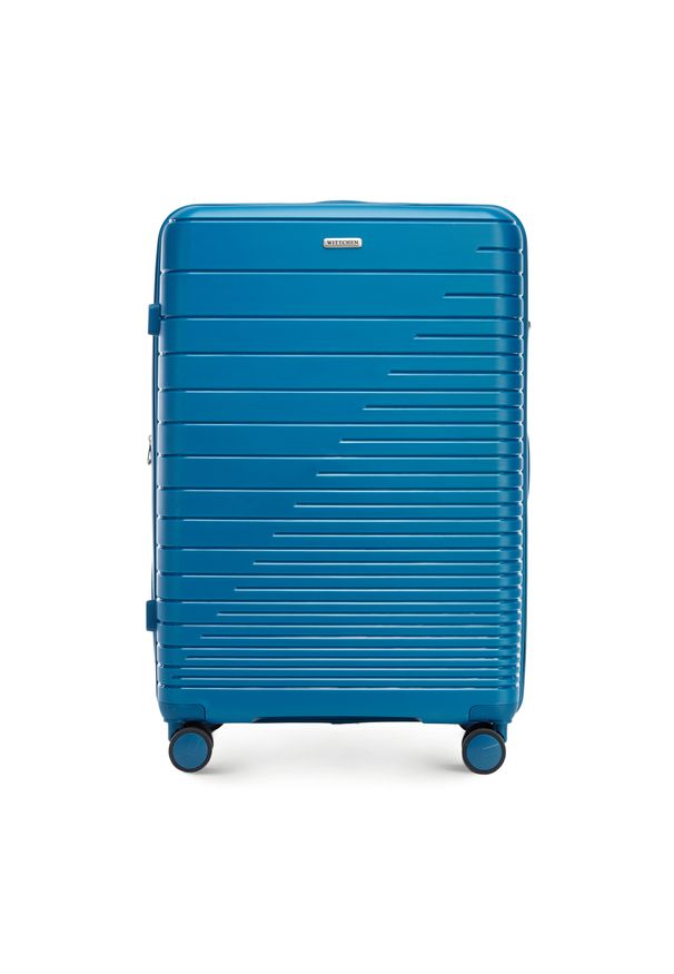 Wittchen - Duża walizka z polipropylenu z błyszczącymi paskami niebieska. Kolor: niebieski. Wzór: aplikacja, paski. Styl: elegancki