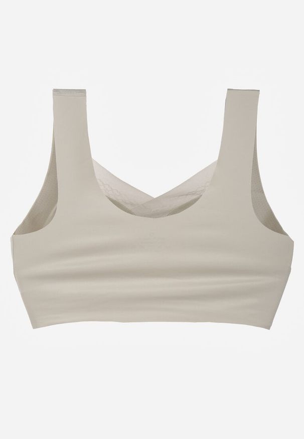 Renee - Szary Sportowy Biustonosz z Usztywnieniem Ozdobiony Siateczkową Wstawką Edalissa. Kolor: szary. Rodzaj stanika: wyciągane miseczki. Wzór: aplikacja