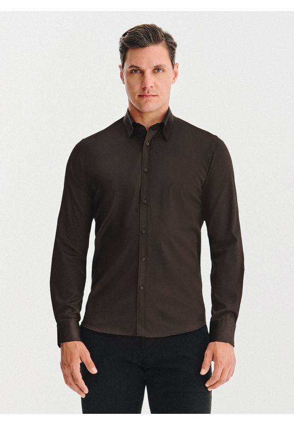 Pako Lorente - PAKO LORENTE – Brązowa koszula męska. Kolor: brązowy. Materiał: bawełna, elastan. Długość rękawa: długi rękaw. Długość: długie