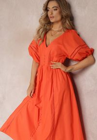 Renee - Pomaraczowa Rozkloszowana Sukienka Maxi z Ażurowymi Wstawkami z Lnem i Bawełną Camya. Kolor: pomarańczowy. Materiał: bawełna, len. Wzór: ażurowy. Długość: maxi #5