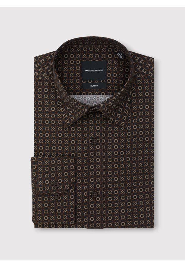 Pako Lorente - PAKO LORENTE – Brązowa koszula we wzór. Kolor: brązowy. Materiał: bawełna, elastan. Długość rękawa: długi rękaw. Długość: długie. Wzór: geometria