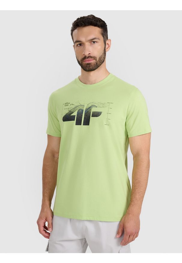 4f - 4F T-shirt regular z nadrukiem męski - zielony S. Okazja: na co dzień. Kolor: zielony. Materiał: jersey, bawełna, materiał. Długość rękawa: krótki rękaw. Długość: krótkie. Wzór: nadruk. Styl: sportowy, klasyczny, casual
