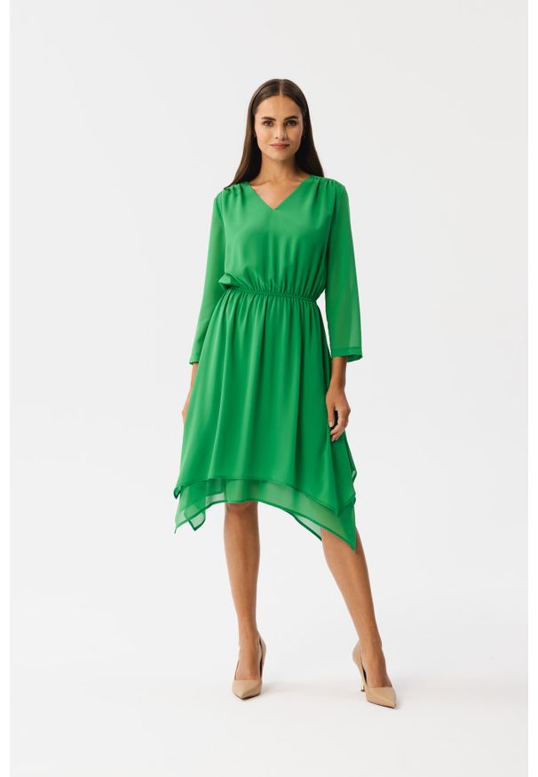 Stylove - Elegancka zwiewna sukienka szyfonowa wizytowa zielona. Okazja: na randkę. Kolor: zielony. Materiał: szyfon. Typ sukienki: oversize. Styl: elegancki, wizytowy