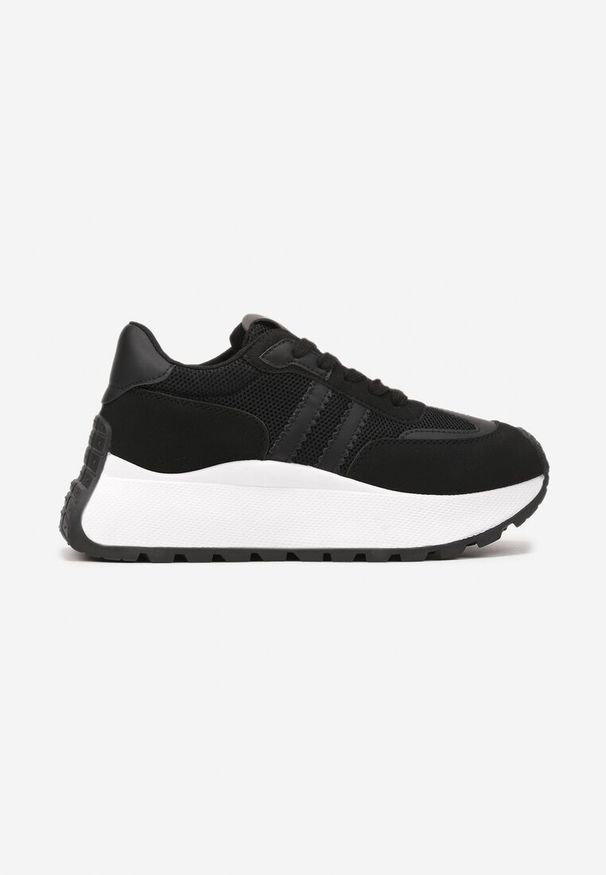 Renee - Czarne Sznurowane Sneakersy Vices na Platformie z Ozdobnymi Paskami Seliniel. Nosek buta: okrągły. Zapięcie: pasek. Kolor: czarny. Materiał: jeans. Wzór: paski. Obcas: na platformie