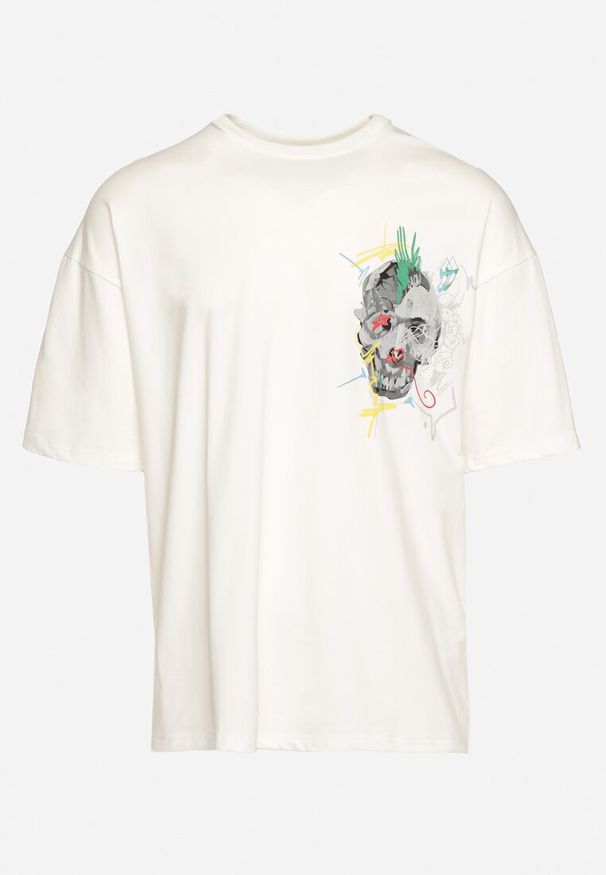 Born2be - Biała Koszulka z Krótkim Rękawem T-Shirt z Nadrukiem z Przodu i na Plecach Franestia. Okazja: na co dzień. Kolor: biały. Materiał: jeans. Długość rękawa: krótki rękaw. Długość: krótkie. Wzór: nadruk. Styl: casual, elegancki