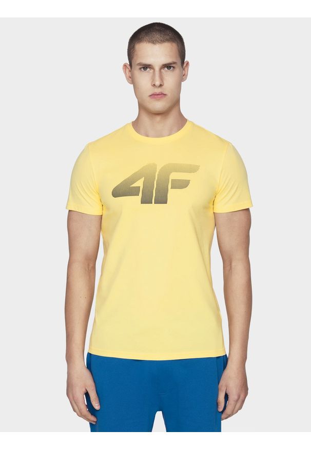 4f - T-shirt regular z nadrukiem męski. Kolor: żółty. Materiał: dzianina, bawełna. Wzór: nadruk