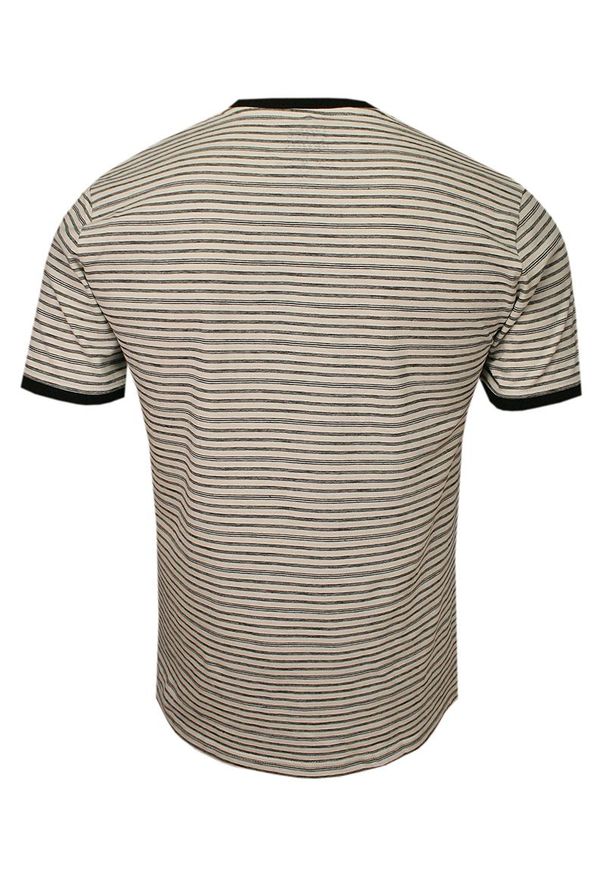 Pako Jeans - Beżowo-Czarny Bawełniany T-Shirt -PAKO JEANS- Męski, Okrągły Dekolt, Krótki Rękaw, w Paski. Okazja: na co dzień. Kolor: beżowy, brązowy, wielokolorowy. Materiał: bawełna. Długość rękawa: krótki rękaw. Długość: krótkie. Wzór: paski, prążki. Styl: casual
