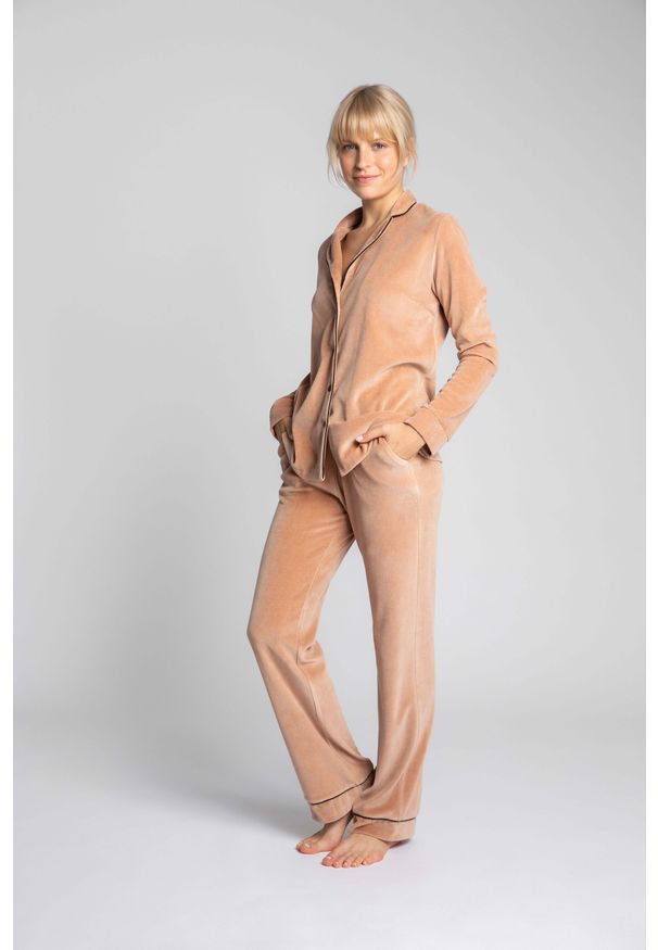 MOE - Welurowe Spodnie od Piżamy z Kontrastowymi Lamówkami - Beżowe. Kolor: beżowy. Materiał: welur
