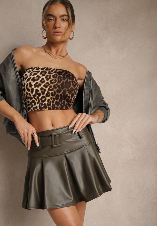 Renee - Ciemnozielona Ocieplana Rozkloszowana Spódnica High Waist o Plisowanym Kroju z Ekoskóry z Paskiem Asitha. Stan: podwyższony. Kolor: zielony. Materiał: dzianina. Styl: klasyczny, retro, elegancki