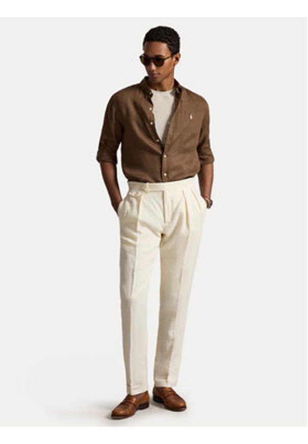 Polo Ralph Lauren Koszula 710968915500 Brązowy jasny Slim Fit. Typ kołnierza: polo. Kolor: brązowy. Materiał: len