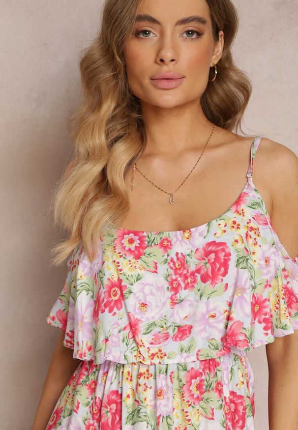 Renee - Biało-Czerwona Sukienka Maxi Bawełniana w Kwiaty z Falbanką Saranna. Kolor: biały. Materiał: bawełna. Długość rękawa: na ramiączkach. Wzór: kwiaty. Długość: maxi