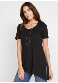 bonprix - Asymetryczny długi T-shirt z mieszanki bawełny z wiskozą. Kolor: czarny. Materiał: wiskoza, bawełna. Długość rękawa: krótki rękaw. Długość: krótkie, długie #1