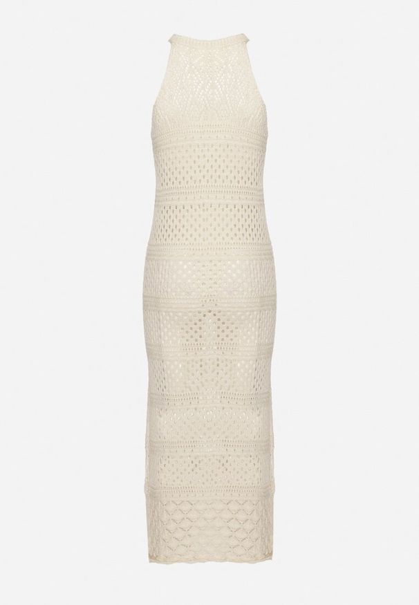 Born2be - Beżowa Sukienka o Taliowanym Kroju z Ażurowej Dzianiny Tiamisse. Kolor: beżowy. Materiał: dzianina. Wzór: ażurowy. Sezon: lato. Typ sukienki: oversize. Styl: elegancki