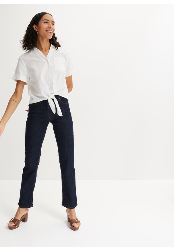 bonprix - Jeansy ze stretchem, straight, mid waist. Stan: podwyższony. Kolor: niebieski. Styl: klasyczny