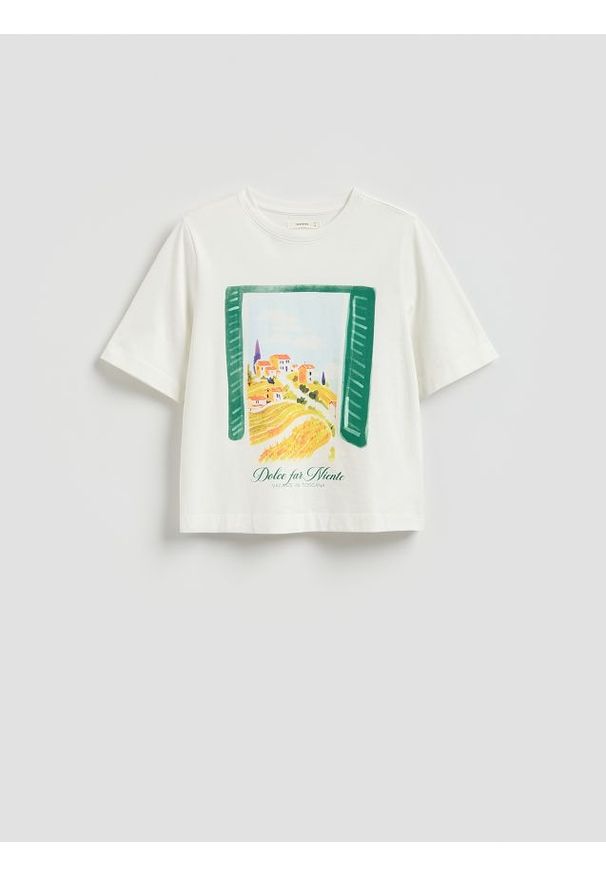 Reserved - Bawełniany t-shirt z nadrukiem - złamana biel. Materiał: bawełna. Wzór: nadruk