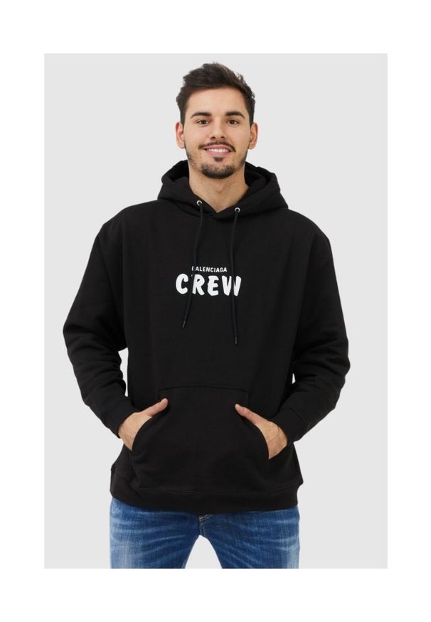 Balenciaga - BALENCIAGA Czarna bluza męska z kapturem i logo, Rozmiar XS. Typ kołnierza: kaptur. Kolor: czarny. Materiał: prążkowany. Wzór: nadruk