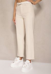 Renee - Beżowe Bawełniane Jeansy Ozdobione Kieszeniami Folire. Kolor: beżowy. Wzór: aplikacja. Styl: elegancki #4