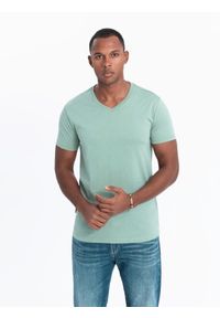 Ombre Clothing - Zestaw bawełnianych koszulek męskich V-neck BASIC – szarozielony/biały/beżowy V14 - Rozmiar: L. Typ kołnierza: dekolt w serek. Kolor: zielony. Materiał: bawełna #5