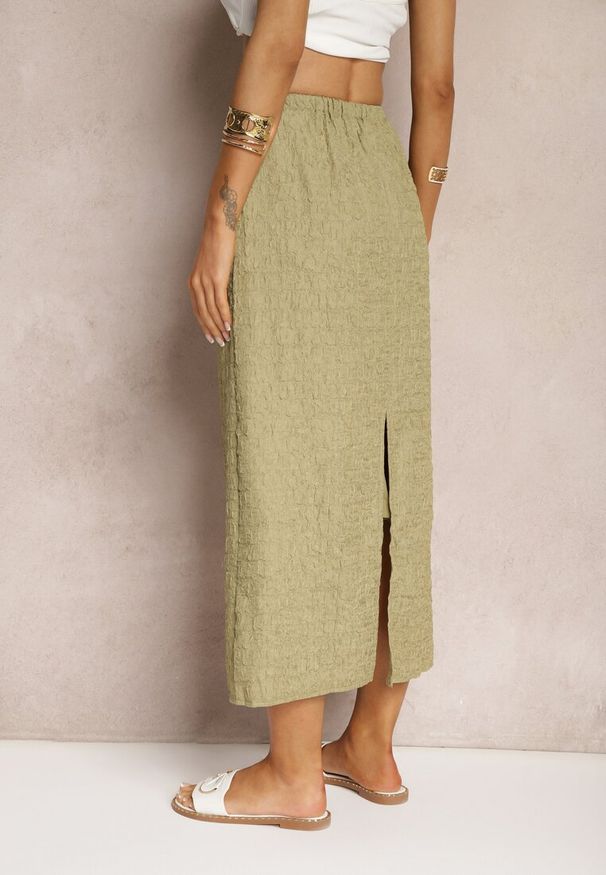 Renee - Zielona Spódnica Maxi z Rozcięciem i Gumką w Pasie Nollia. Okazja: na co dzień. Kolor: zielony. Wzór: aplikacja. Styl: casual