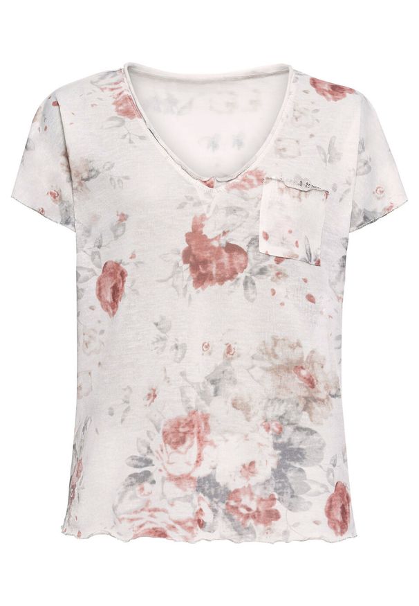 Shirt z nadrukiem z połyskiem bonprix biel wełny w kwiaty. Kolor: biały. Materiał: wełna. Wzór: kwiaty, nadruk
