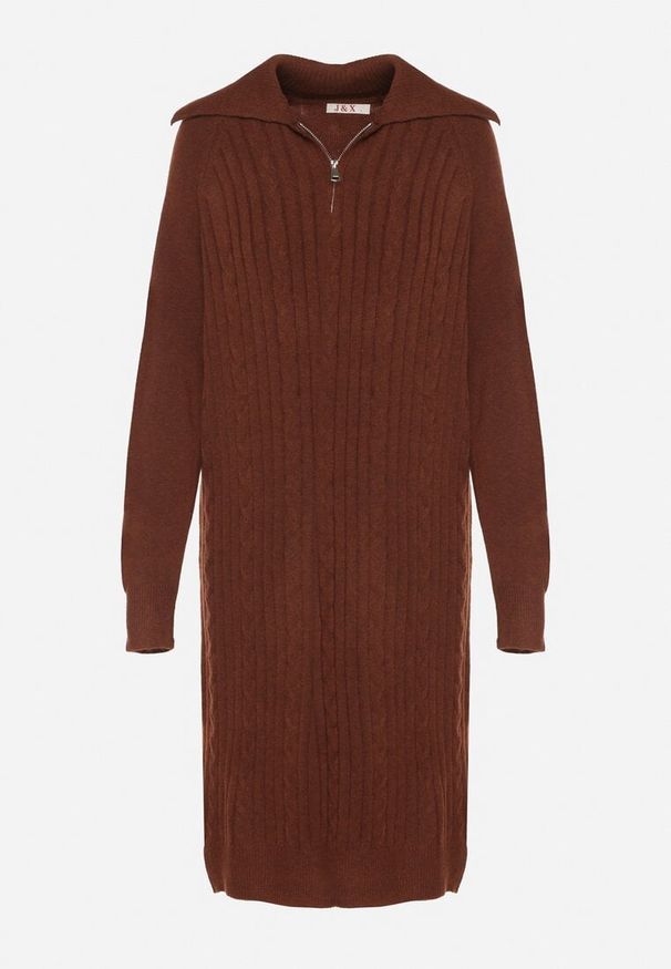 Born2be - Brązowa Sweterkowa Sukienka Pudełkowa z Bawełną i Wełną Ozdobiona Suwakiem Reimia. Okazja: na co dzień. Kolor: brązowy. Materiał: wełna, bawełna. Wzór: aplikacja. Styl: casual, klasyczny