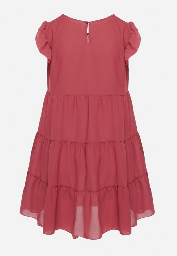Born2be - Ciemnoróżowa Rozkloszowana Sukienka z Falbankami Zapinana przy Szyi Rettesa. Typ kołnierza: kołnierz z falbankami. Kolor: różowy. Materiał: tkanina. Sezon: lato