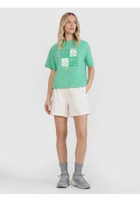 4f - 4F T-shirt oversize z nadrukiem damski - zielony XS. Okazja: na co dzień. Kolor: zielony. Materiał: bawełna, jersey, dzianina, materiał. Długość rękawa: krótki rękaw. Długość: krótkie. Wzór: nadruk. Styl: sportowy, casual, klasyczny