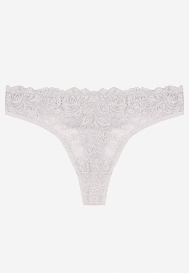 Renee - Jasnoszare Bawełniane Majtki Stringi z Koronką Ilwedana. Kolor: szary. Materiał: bawełna, koronka. Wzór: koronka