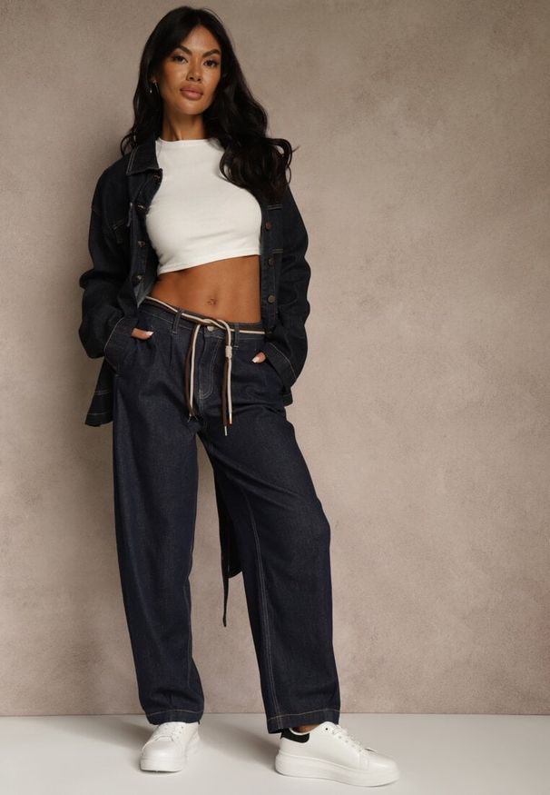 Renee - Niebieskie Szerokie Jeansy z Bawełny High Waist Ozdobione Sznurkiem Landa. Okazja: na co dzień. Stan: podwyższony. Kolor: niebieski. Wzór: aplikacja. Styl: rockowy, casual