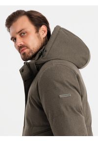 Ombre Clothing - Męska kurtka casualowa puffer z wełną – ciemnooliwkowy melanż V4 - Rozmiar: M. Okazja: na co dzień. Typ kołnierza: kołnierzyk stójkowy. Kolor: oliwkowy. Materiał: wełna. Długość: długie. Wzór: melanż. Styl: casual #6