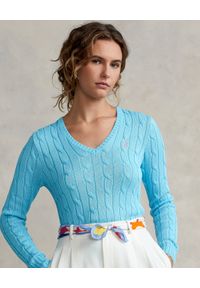 Ralph Lauren - RALPH LAUREN - Błękitny sweter z logo. Typ kołnierza: polo. Kolor: niebieski. Materiał: prążkowany, tkanina