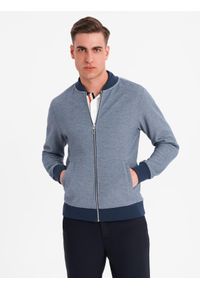 Ombre Clothing - Bluza męska bomberka z dzianiny pique – granatowa V2 - Rozmiar: XL. Okazja: na co dzień. Kolor: niebieski. Materiał: dzianina. Wzór: haft. Styl: klasyczny, casual, elegancki #9