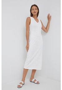 United Colors of Benetton sukienka kolor biały midi prosta. Okazja: na co dzień. Kolor: biały. Materiał: dzianina. Typ sukienki: proste. Styl: casual. Długość: midi #4