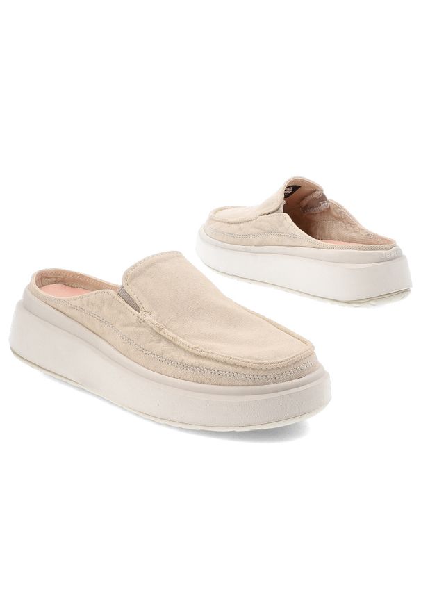 Beżowe Klapki Jeep Stylowe Płaskie Obuwie Damskie. Okazja: na co dzień. Kolor: beżowy. Materiał: materiał. Sezon: lato. Styl: elegancki