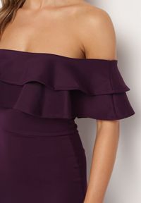 Born2be - Fioletowa Elegancka Sukienka Typu Hiszpanka z Rozkloszowanym Dołem i Wycięciami Tumini. Okazja: na imprezę. Typ kołnierza: dekolt hiszpanka. Kolor: fioletowy. Materiał: dzianina, skóra. Długość rękawa: krótki rękaw. Sezon: lato. Typ sukienki: rozkloszowane, dopasowane. Styl: elegancki #5