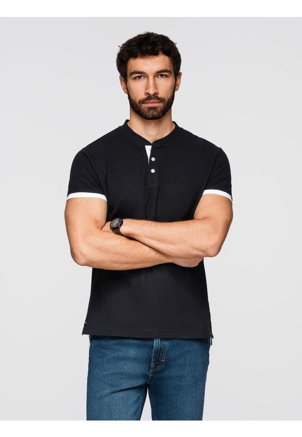 Ombre Clothing - Męska koszulka polo bez kołnierzyka - czarna V8 - Rozmiar: XXL. Typ kołnierza: bez kołnierzyka, polo. Kolor: czarny. Materiał: bawełna. Długość: długie