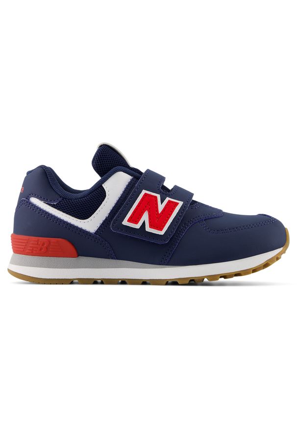 Buty dziecięce New Balance PV574NF – granatowe. Zapięcie: rzepy. Kolor: niebieski. Materiał: guma, syntetyk, materiał. Szerokość cholewki: normalna. Model: New Balance 574. Sport: turystyka piesza