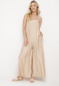 Born2be - Beżowy Kombinezon na Ramiączkach z Szerokimi Nogawkami Antonnia. Okazja: na spacer. Kolor: beżowy. Długość rękawa: na ramiączkach. Długość: długie #6