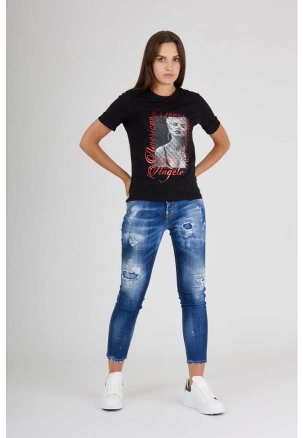 Guess - GUESS Czarny t-shirt damski z nadrukiem. Kolor: czarny. Materiał: bawełna. Długość rękawa: krótki rękaw. Wzór: nadruk