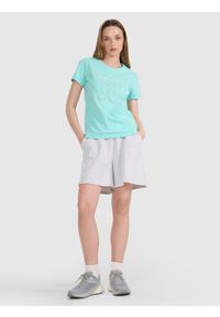 4f - 4F T-shirt regular z nadrukiem damski - turkusowy XXL. Okazja: na co dzień. Kolor: turkusowy. Materiał: jersey, tkanina, dzianina, bawełna, materiał. Długość rękawa: krótki rękaw. Długość: krótkie. Wzór: nadruk. Sezon: lato. Styl: sportowy, klasyczny, casual